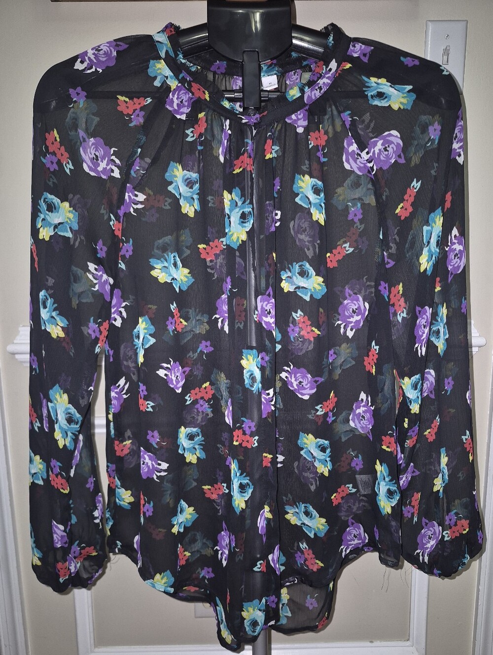 ELLE Floral Sheer Mock Neck Keyhole Blouse - Black Purple Blue - Size M